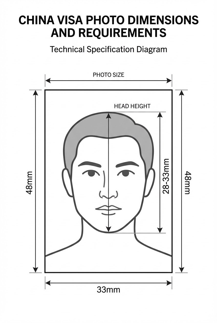Çin vizesi fotoğraf ölçüleri diyagramı - 33mm x 48mm